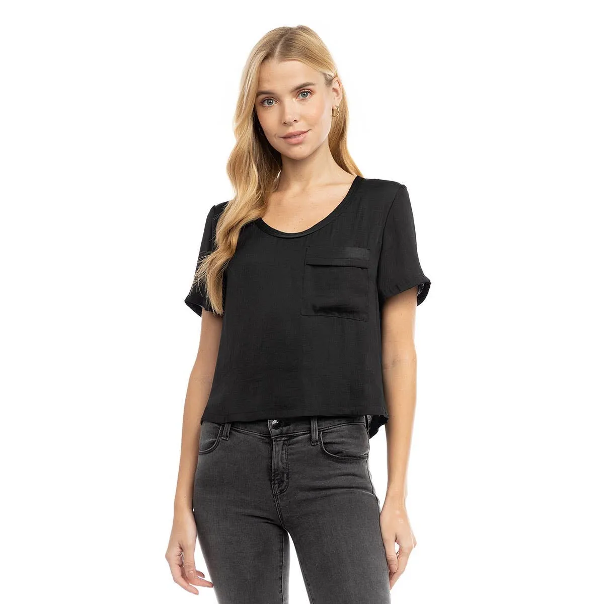 Black Short Sleeve Woven T-shirt: