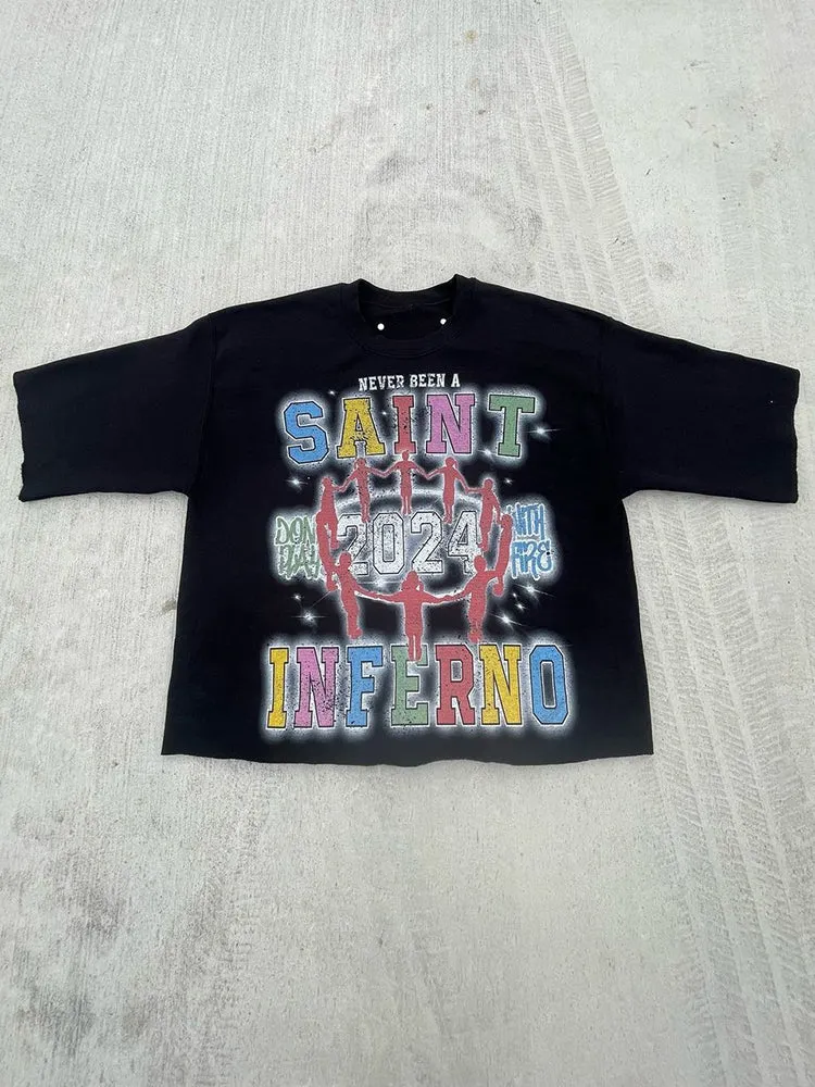 Blavra Never Been A Saint Glow Graphic Print Cotton Cropped T-Shirts
