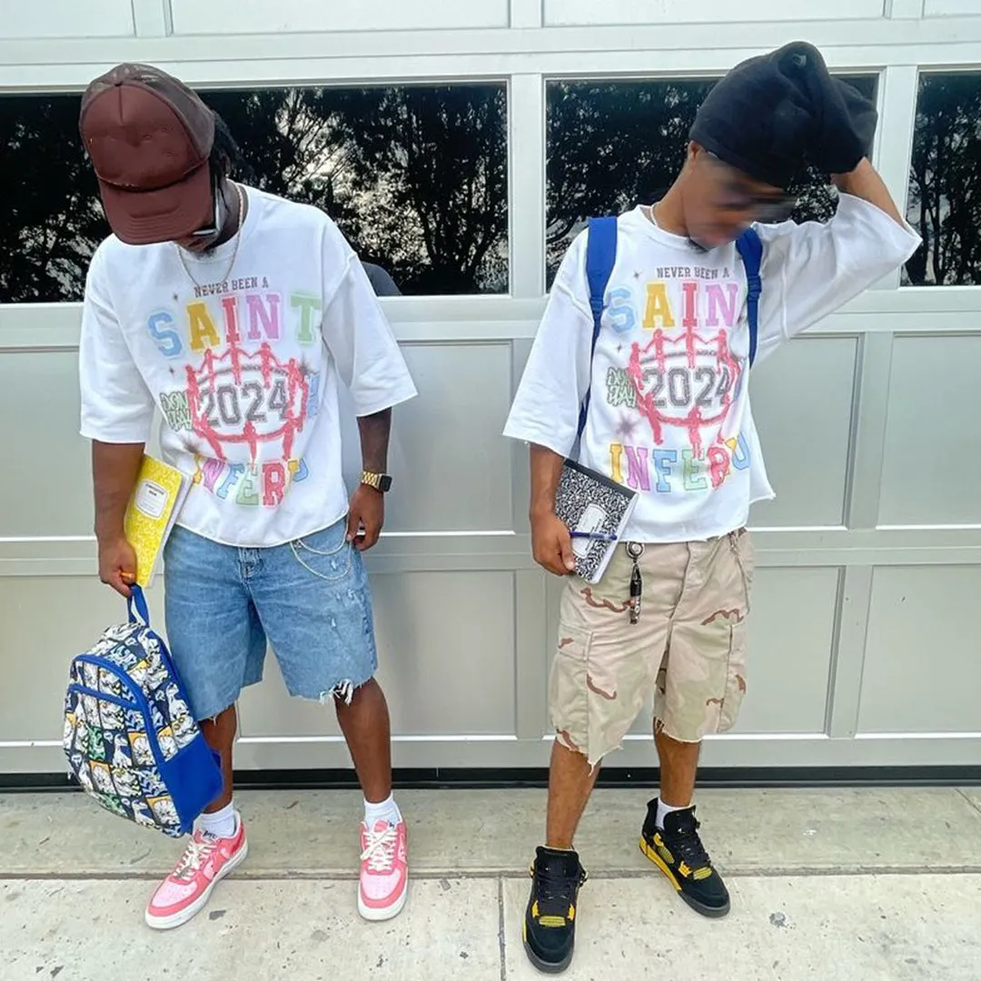 Blavra Never Been A Saint Glow Graphic Print Cotton Cropped T-Shirts