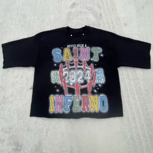 Blavra Never Been A Saint Glow Graphic Print Cotton Cropped T-Shirts