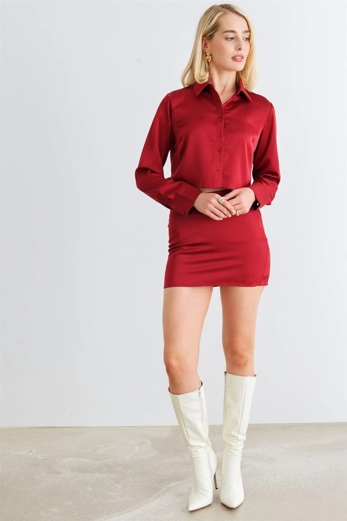 Crimson Satin Button-Up Collared Neck Long Sleeve Crop Top & High Waist Mini Skirt Set /1-2-2-1