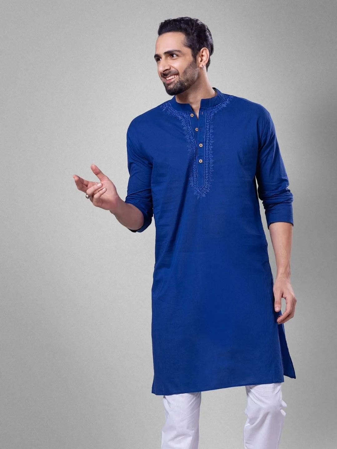 Embroidered Cotton Men's Kurta | Royal Blue