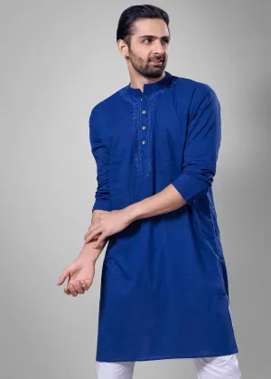 Embroidered Cotton Men's Kurta | Royal Blue