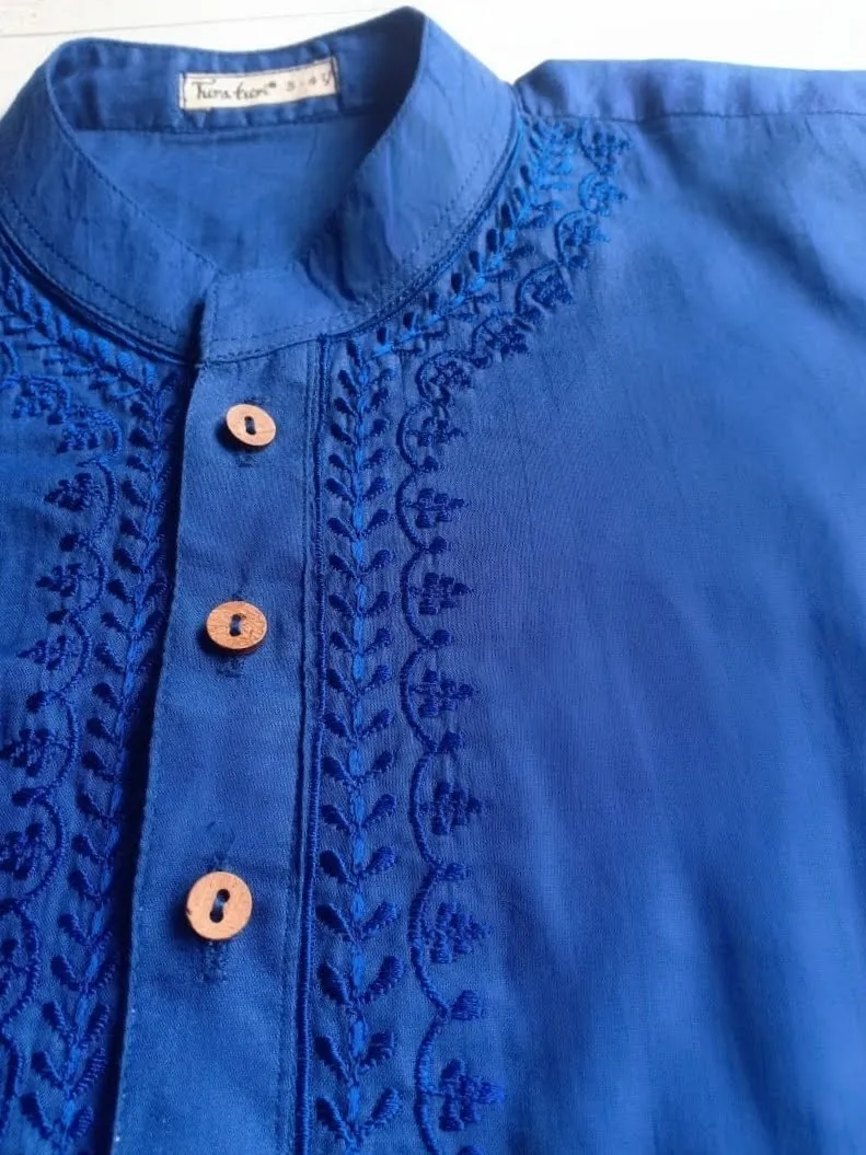 Embroidered Cotton Men's Kurta | Royal Blue