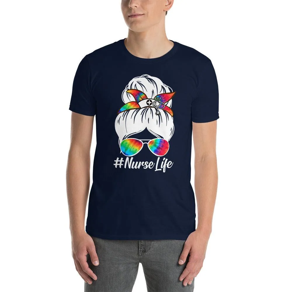 Grab This &quot;Nurse Life Funny Messy Bun Hair colorful Glasses T-shirt