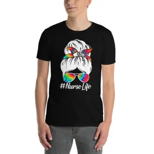 Grab This &quot;Nurse Life Funny Messy Bun Hair colorful Glasses T-shirt
