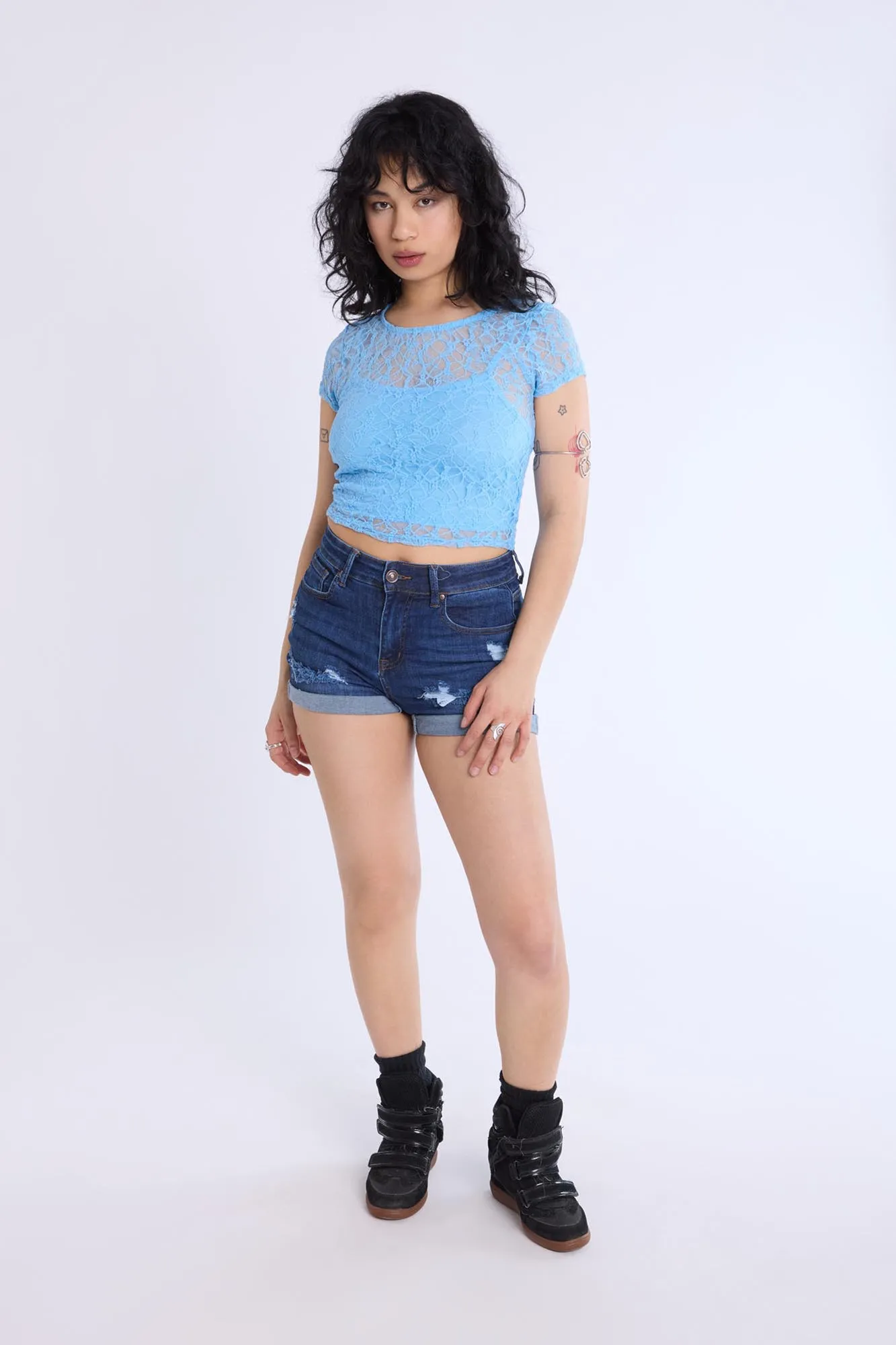Lace Cap Sleeve Cropped Top