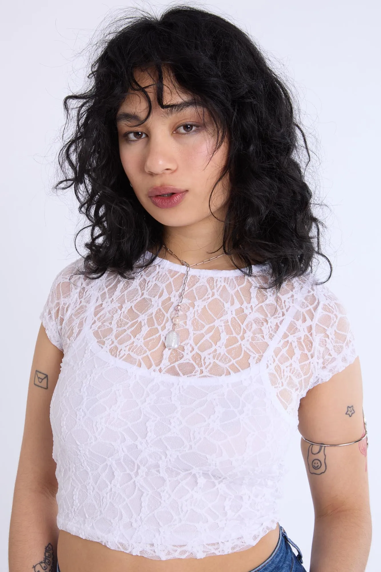 Lace Cap Sleeve Cropped Top