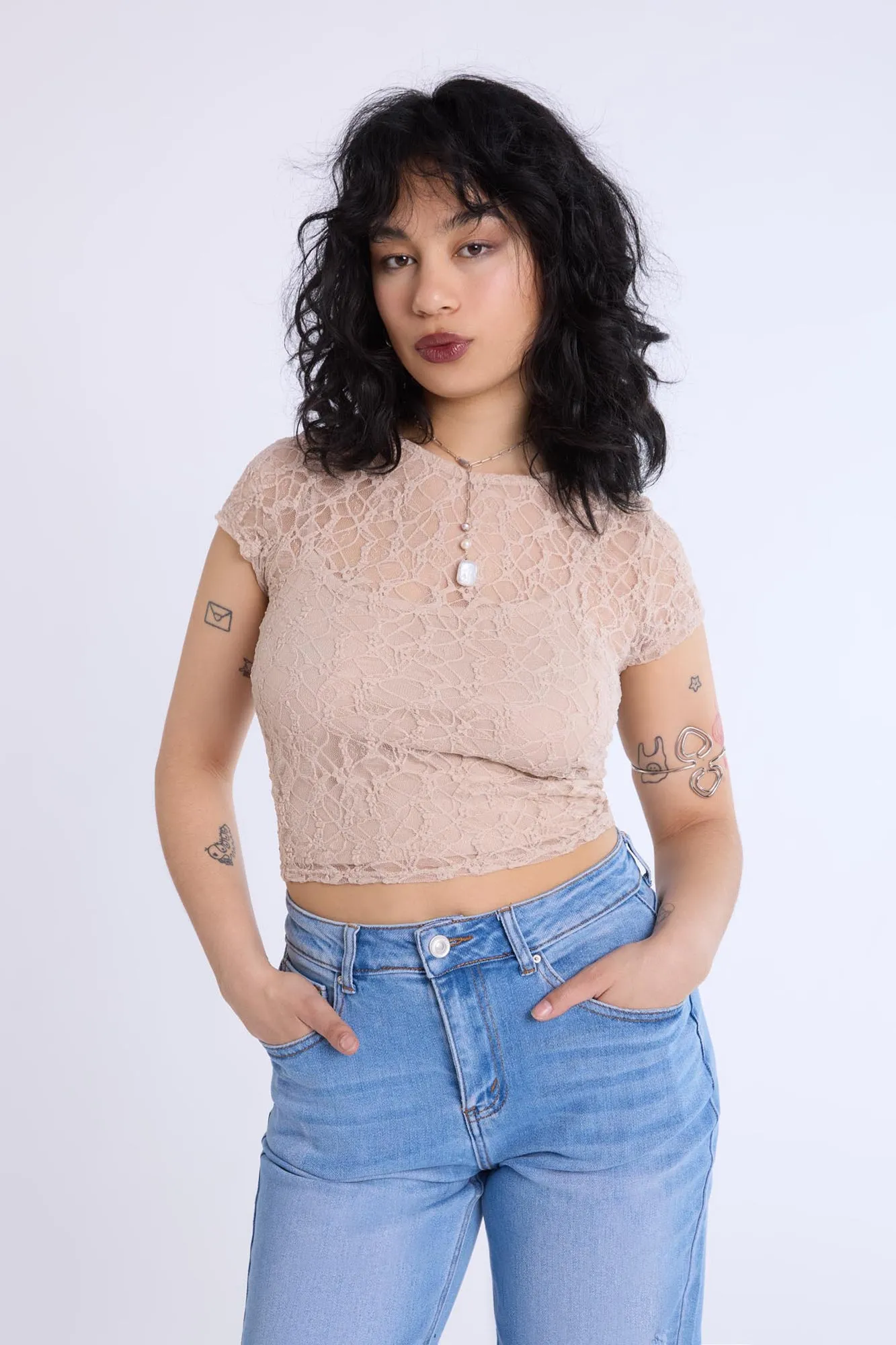 Lace Cap Sleeve Cropped Top