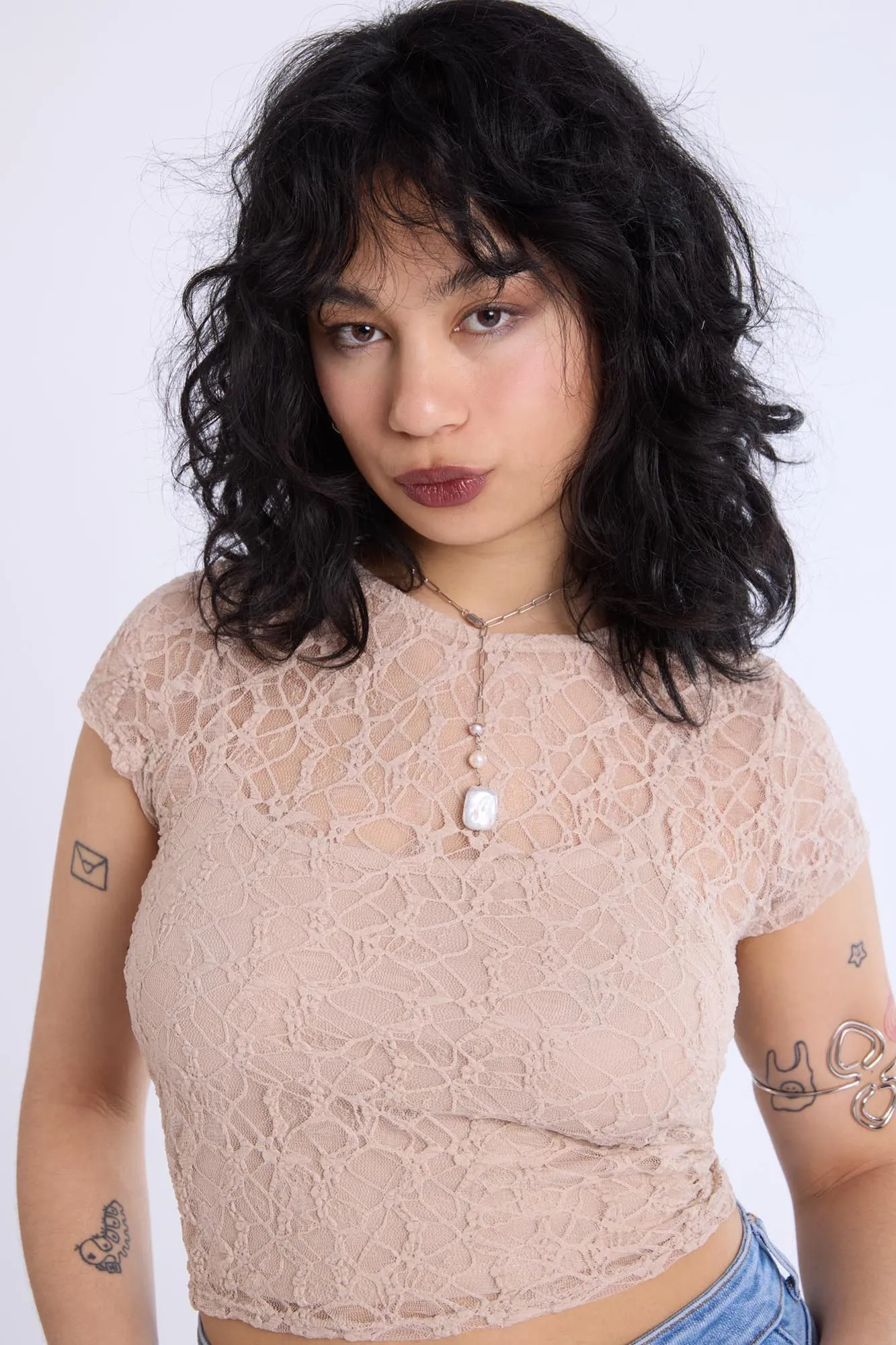 Lace Cap Sleeve Cropped Top