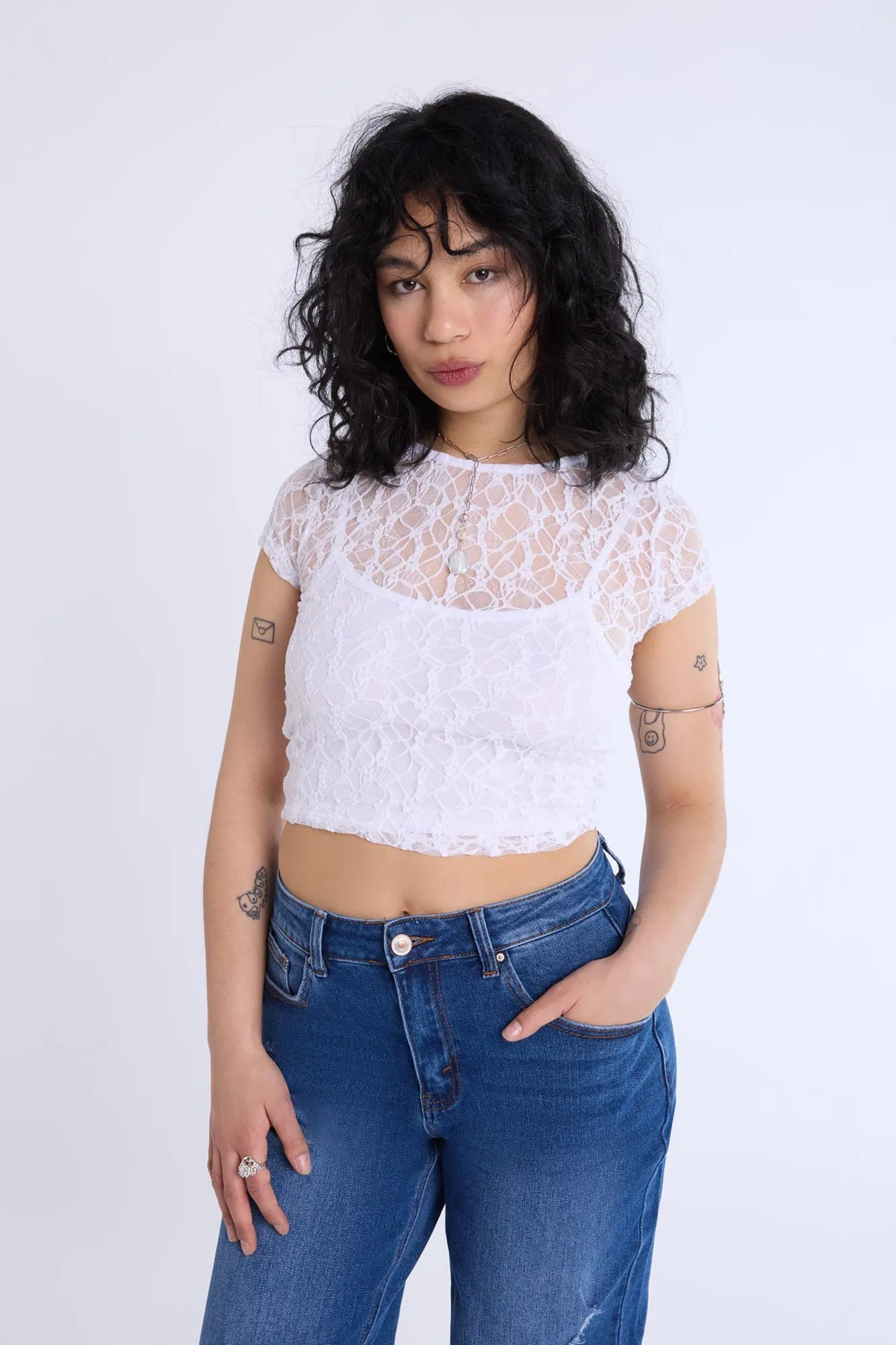 Lace Cap Sleeve Cropped Top