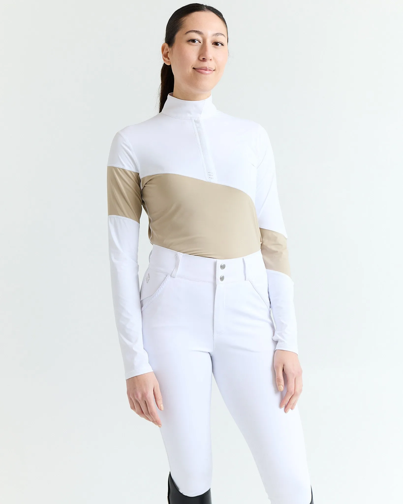 Long Sleeve Asymm Show Shirt - Safari/ White