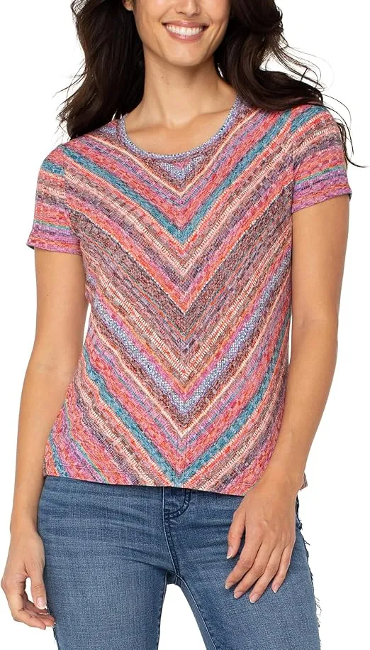 Short Sleeve Scoop Neck Knit Top W/Miter Front LM8D17KU55P