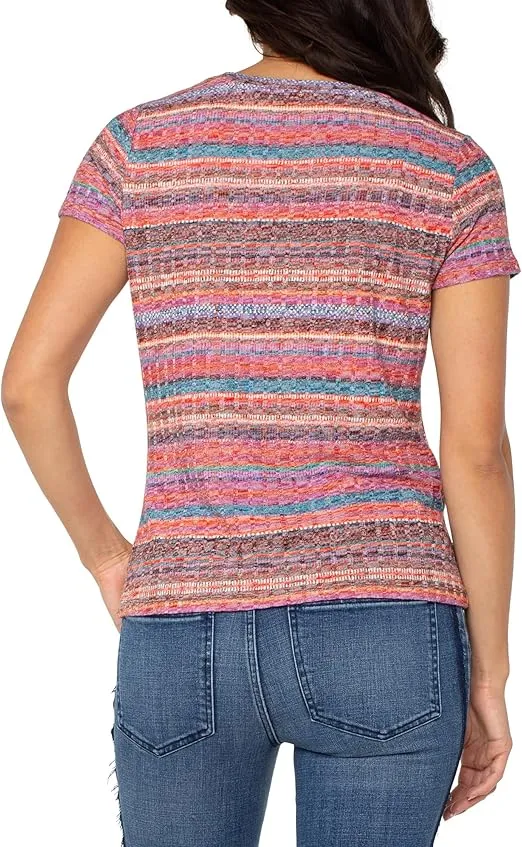 Short Sleeve Scoop Neck Knit Top W/Miter Front LM8D17KU55P