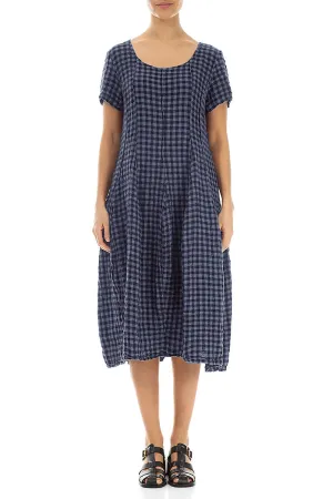Short Sleeves Blue Nova Check Linen Dress