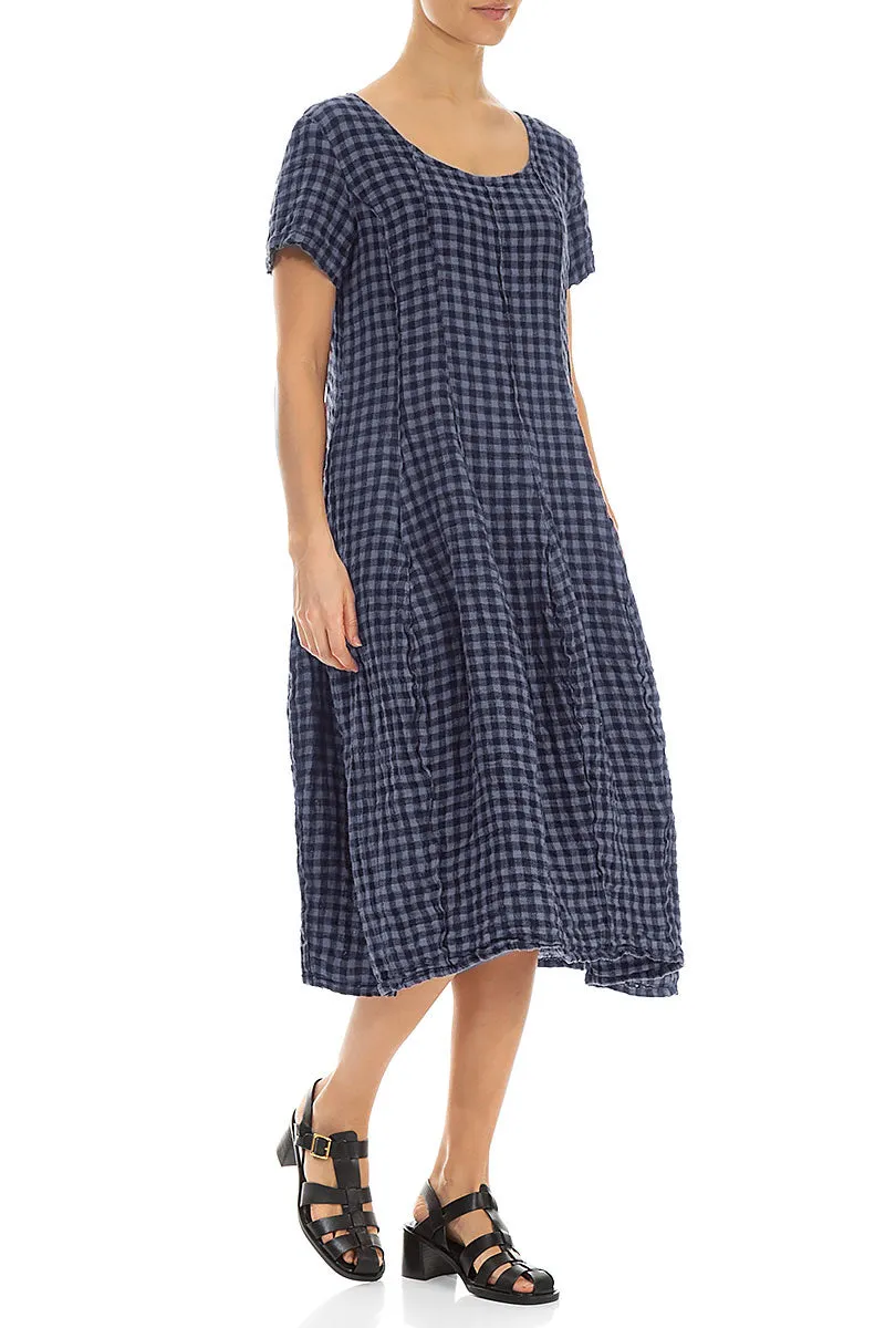 Short Sleeves Blue Nova Check Linen Dress