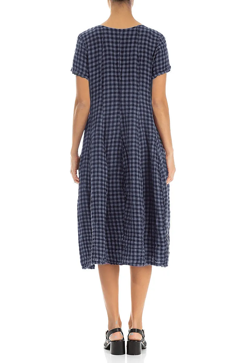 Short Sleeves Blue Nova Check Linen Dress