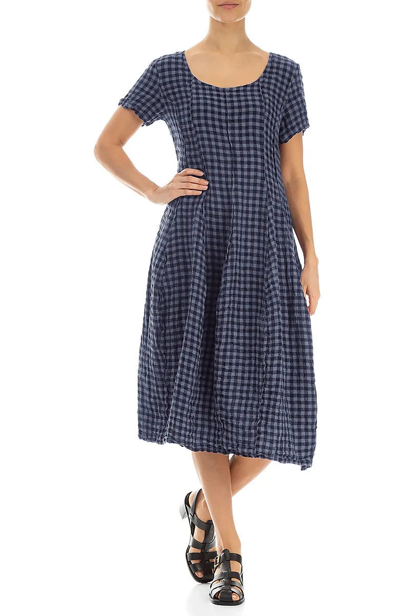 Short Sleeves Blue Nova Check Linen Dress
