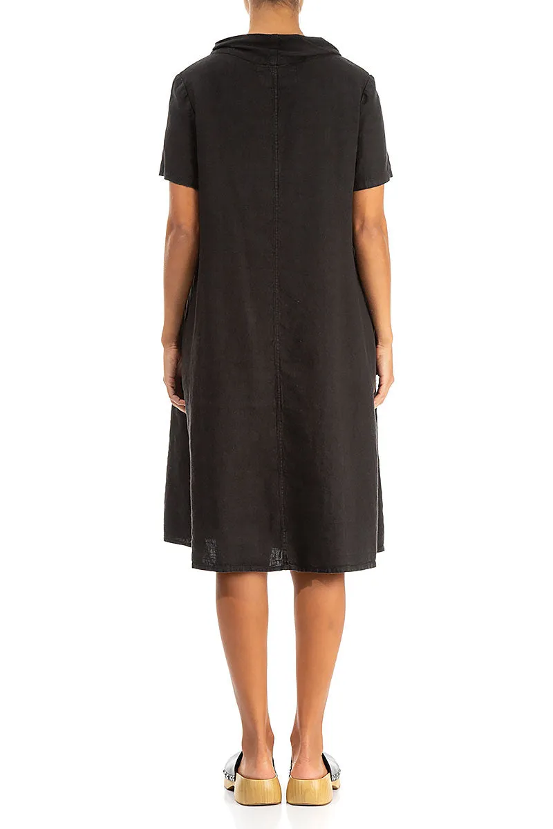 Short Sleeves Higher Neck Black Linen Midi Dress