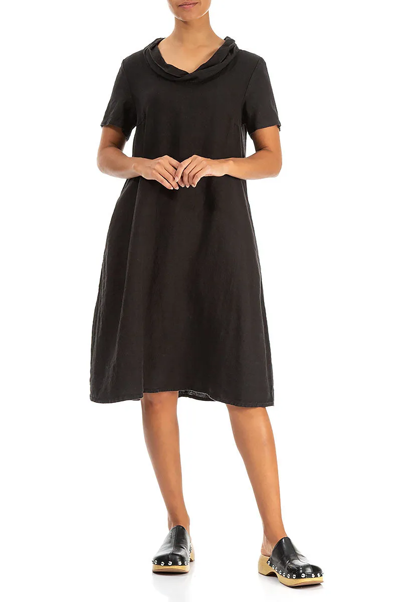 Short Sleeves Higher Neck Black Linen Midi Dress
