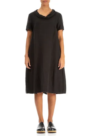 Short Sleeves Higher Neck Black Linen Midi Dress