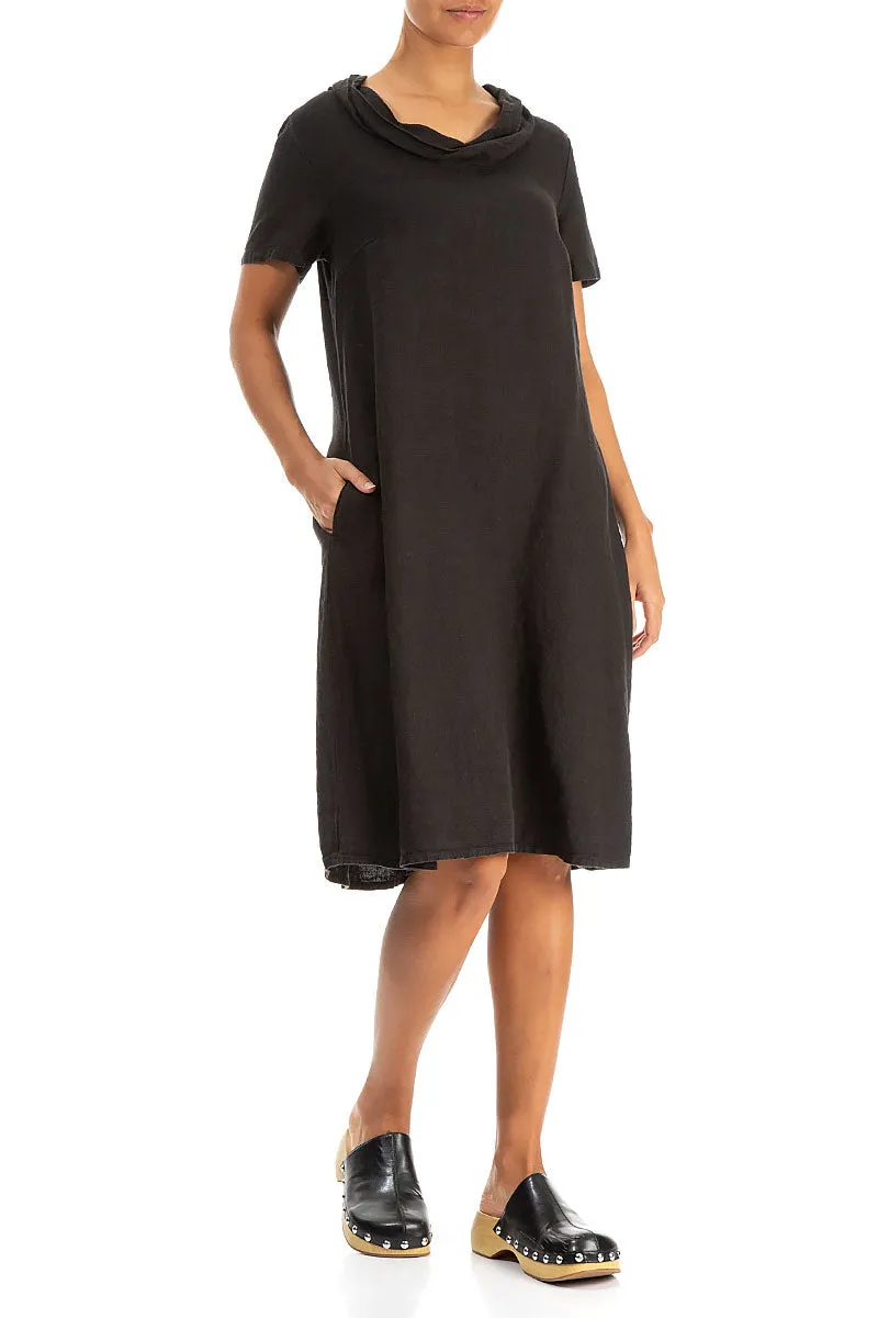 Short Sleeves Higher Neck Black Linen Midi Dress