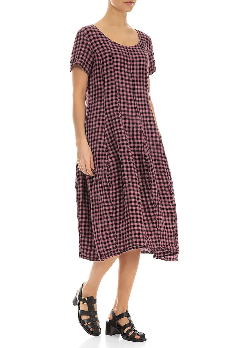 Short Sleeves Mauve Taupe Check Linen Dress