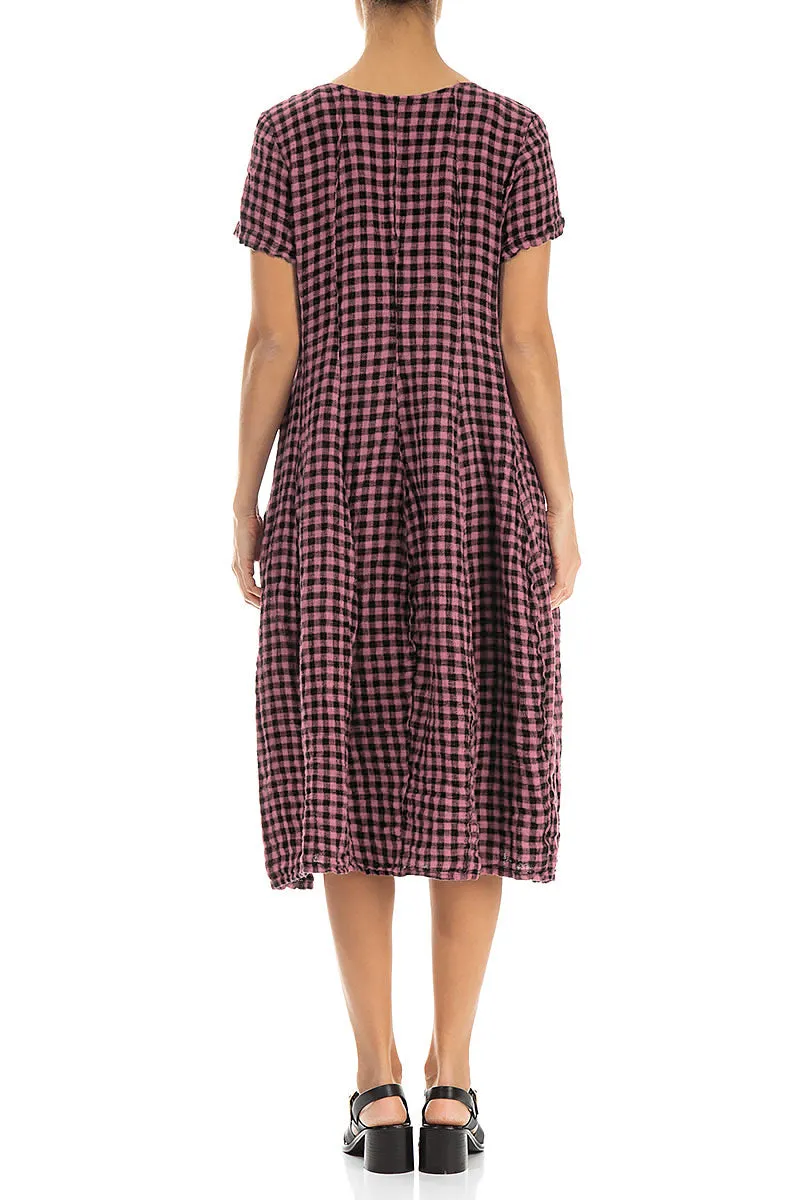 Short Sleeves Mauve Taupe Check Linen Dress