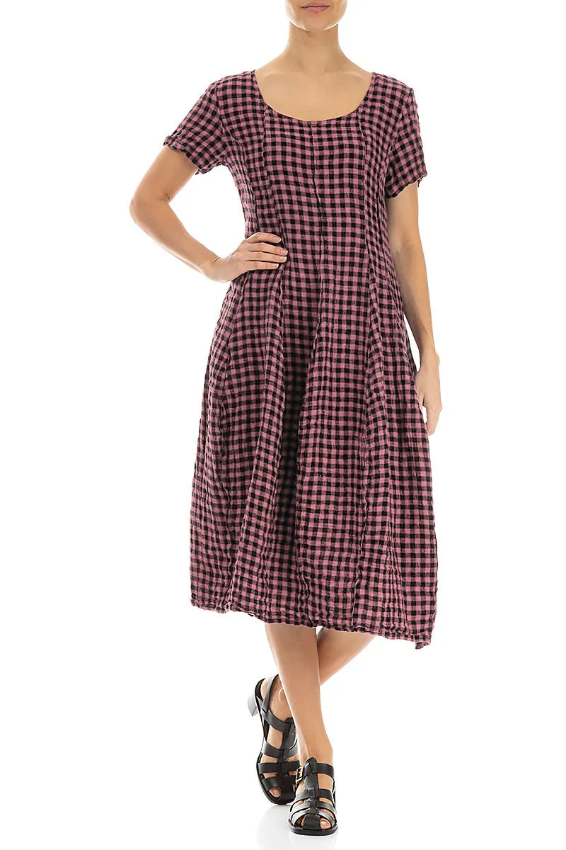 Short Sleeves Mauve Taupe Check Linen Dress
