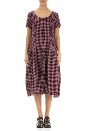 Short Sleeves Mauve Taupe Check Linen Dress