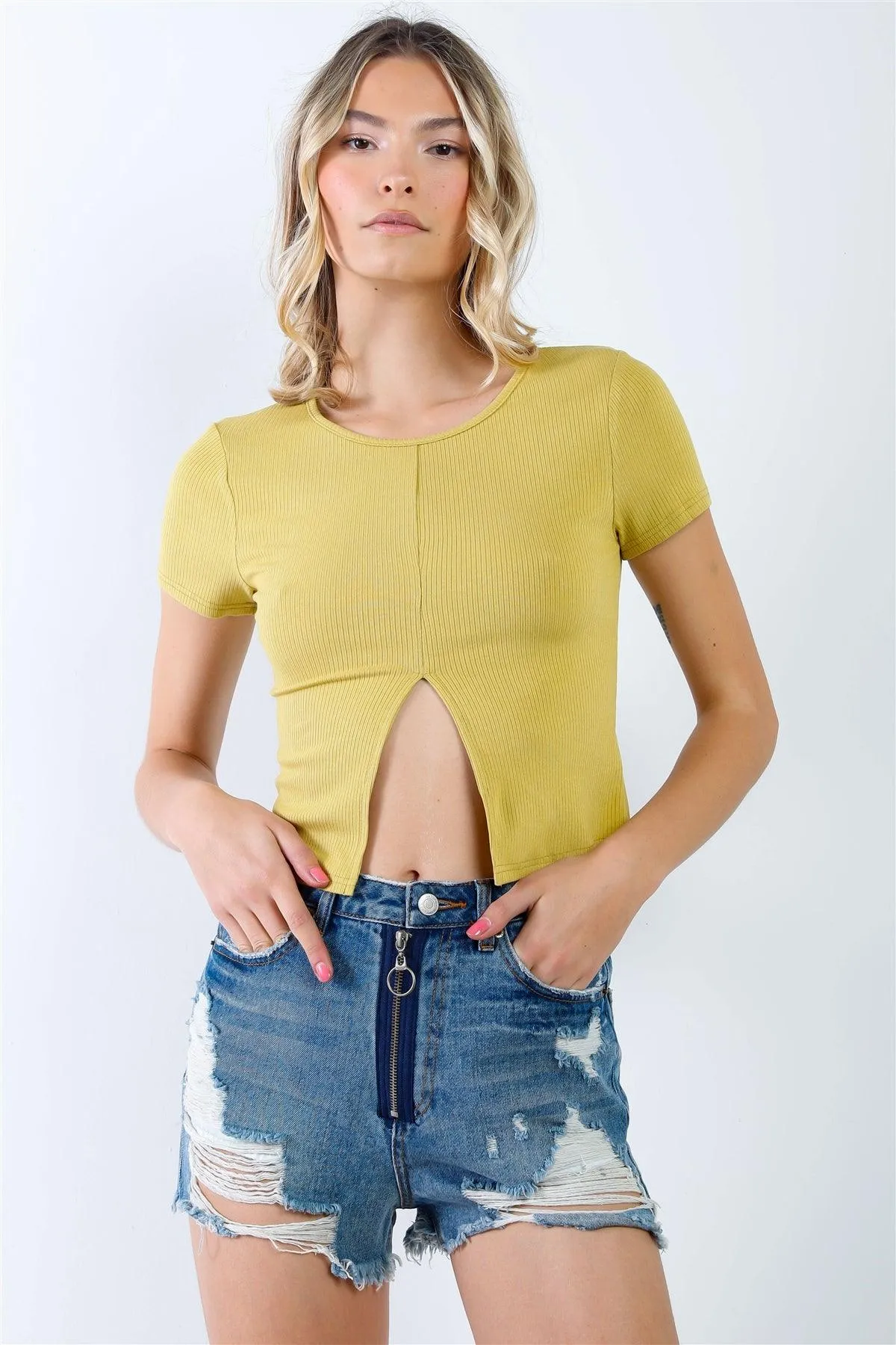 Wasabi Green Ribbed Front Slit Short Sleeve Crop Top /3-2-1